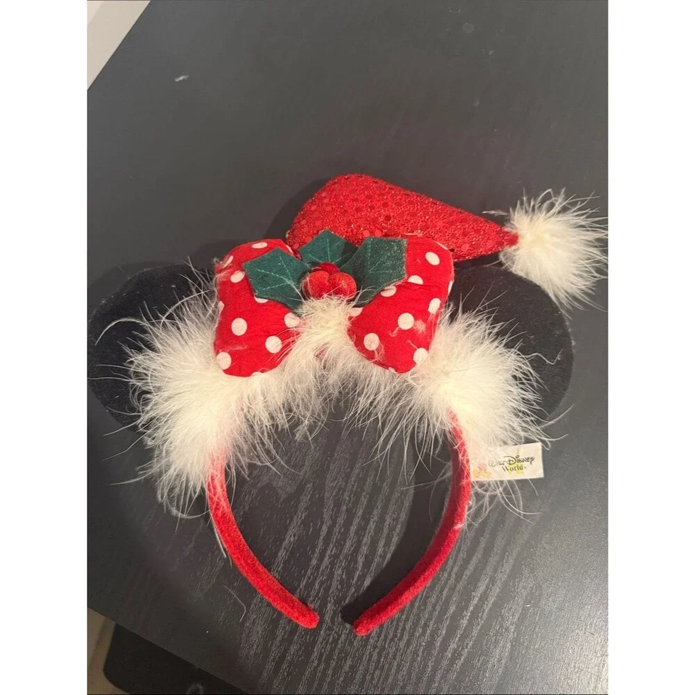 Disney Parks Christmas Minnie Mouse Ears Headband Santa Hat Holiday Bow WDW